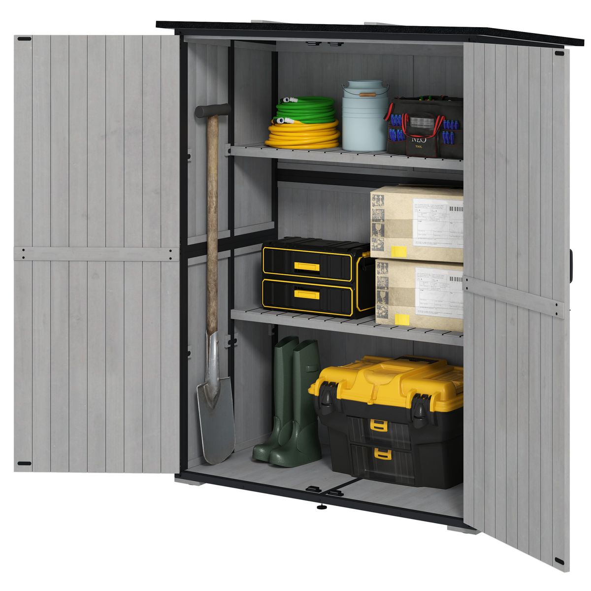 Wood Storage Shed, Outdoor Garden Shed With Asphalt Roof, 2 Shelves, Lockable Doors And Adjustable Feet, Gray_maomaolike.com