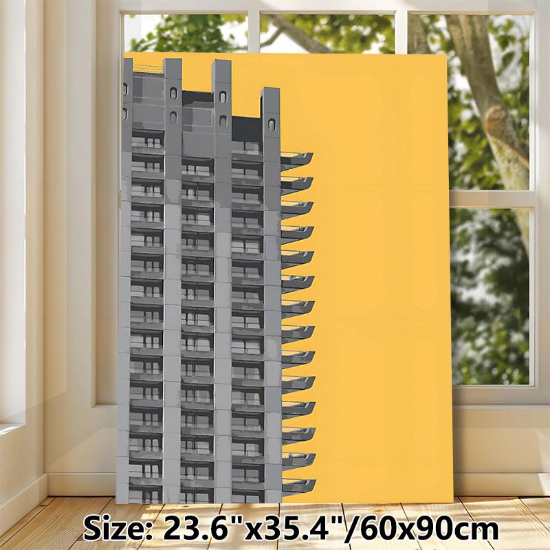 Brutalist Architecture Painting Poster, Minimalist Gray High-rise Against Warm Yellow Backdrop Poster, Sleek Geometric Design For Office & Living Room_maomaolike.com