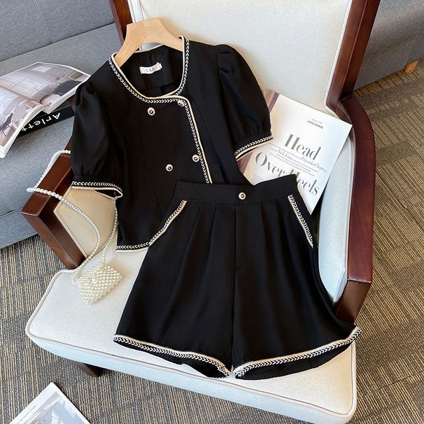 women's clothing fat mm Xiaoxiang style casual shorts contrast color tops slim temperament two-piece suit_maomaolike.com