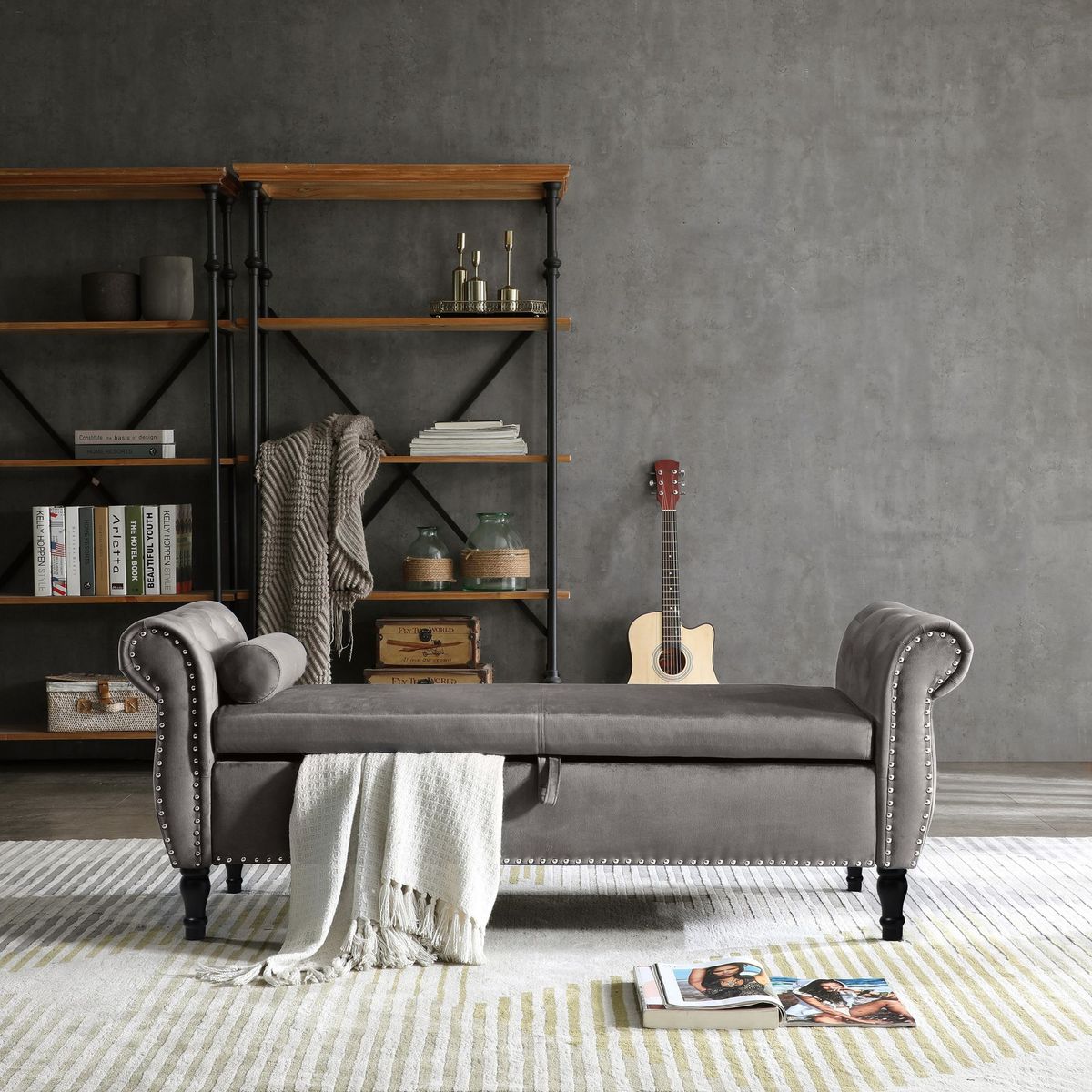 Aijia 63" Velvet Multifunctional Storage Rectangular Sofa Stool Buttons Tufted Nailhead Trimmed Solid Wood Legs With 1 Pillow,Grey_maomaolike.com