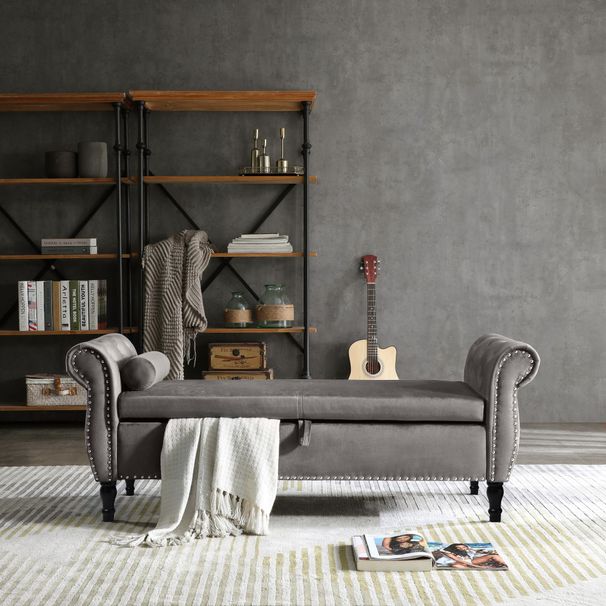 Aijia 63" Velvet Multifunctional Storage Rectangular Sofa Stool Buttons Tufted Nailhead Trimmed Solid Wood Legs With 1 Pillow,Grey_maomaolike.com
