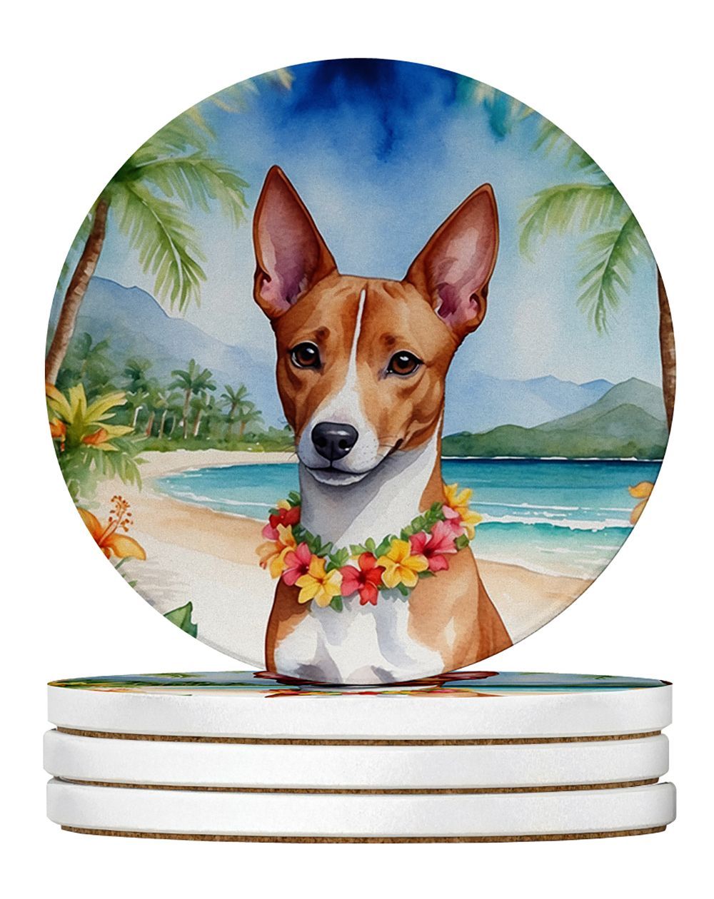 Basenji Luau Large Sandstone Coasters Pack Of 4 Absorbent Round Coasters Decor Gifts For Men Or Women, 4 In, Multicolor_maomaolike.com