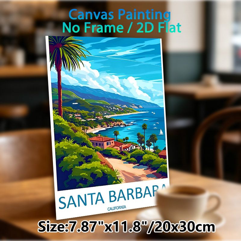 Santa Barbara Coastal Landscape Painting Poster, Bright Retro-style Seaside Scenery Poster, Tropical Coastal View With Palm Trees & Coastal Homes_maomaolike.com