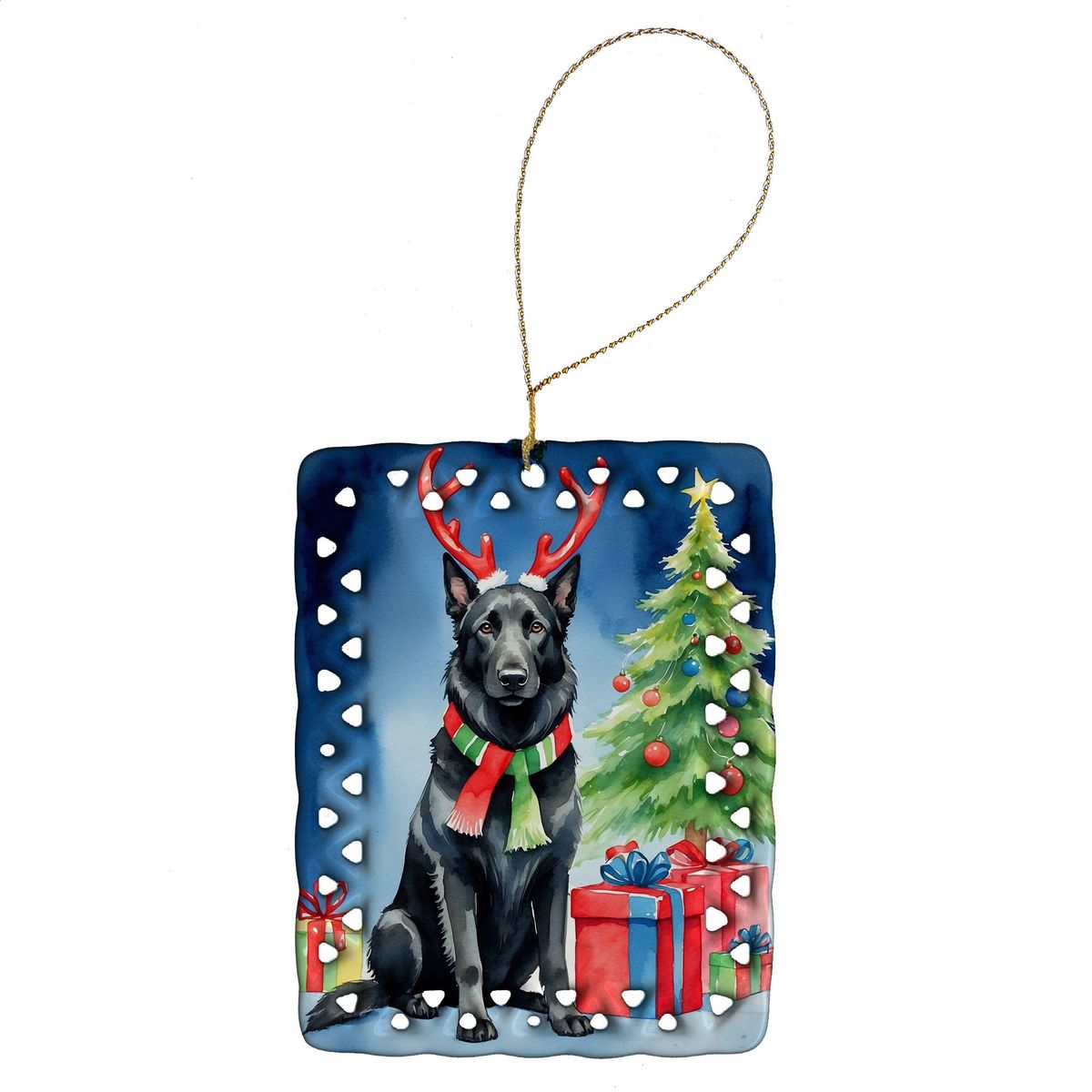 Belgian Sheepdog Christmas Reindeer Porcelain Ornament Christmas Tree Hanging Decorations For Home Christmas Holiday, Rectangle, Gift, Multicolor_maomaolike.com
