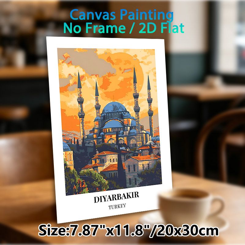 Diyarbakir Turkey Mosque Painting Poster, Vibrant Retro Travel Style Sunset Scene Poster, Captivating Cultural Artwork Ideal For Home, Living Room And_maomaolike.com