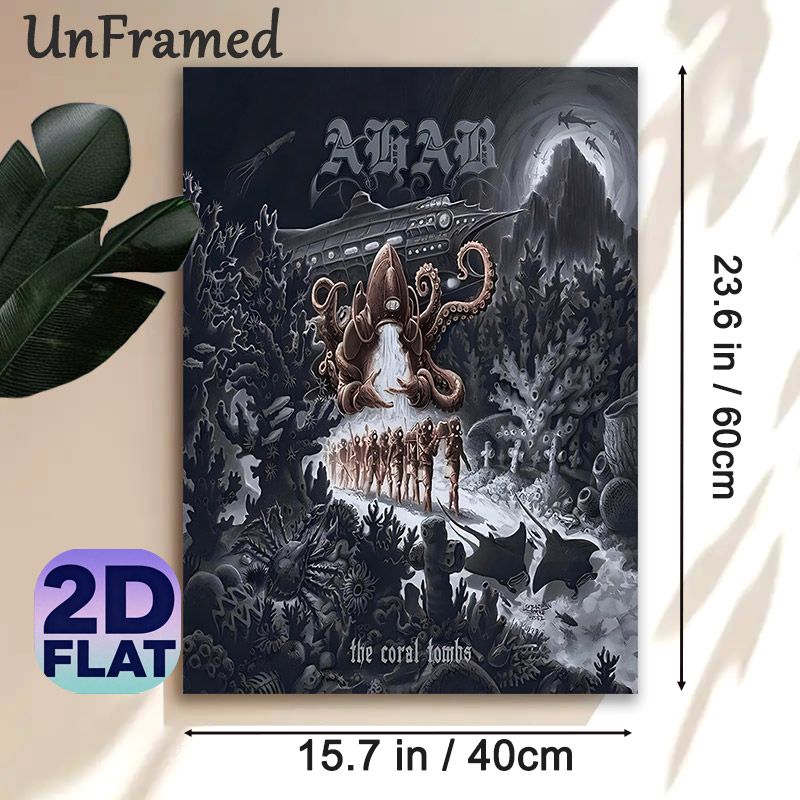Coral Tomb Deep Sea Fantasy Painting Poster, Dark Monochromatic Gothic Underwater Scene Poster, Mysterious Underwater Adventure Artwork Ideal For Home_maomaolike.com