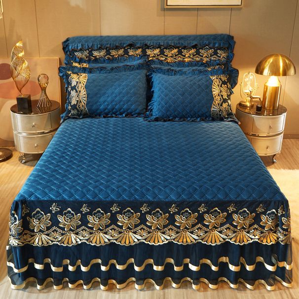 European Style Crystal Velvet Thickened Skirt Single Piece Quilted Warm Coral Fleece Mattress Non-Slip Bed Cover Bedspread Winter_maomaolike.com