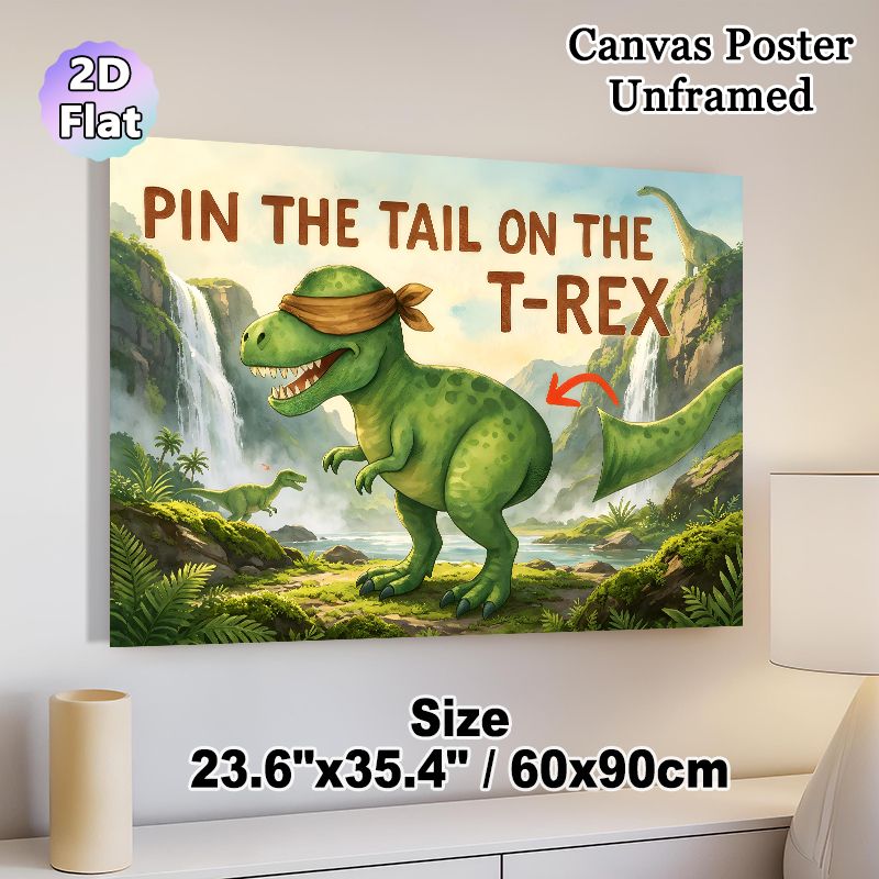 Pin The Tail On The T-Rex Themed Painting Poster, Vibrant Watercolor Prehistoric Scene With Blindfolded T-Rex Poster, Interactive Party Game Decor_maomaolike.com