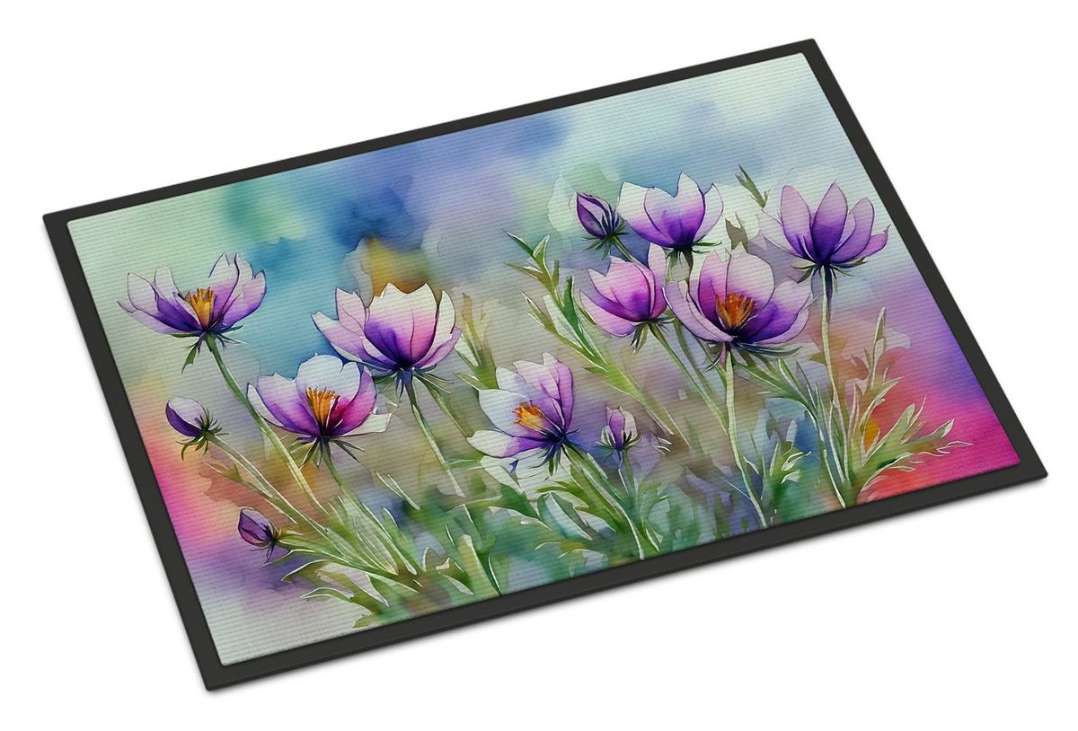 South Dakota Pasque Flowers In Watercolor Doormat Front Door Mat Indoor Outdoor Rugs For Entryway, Non Slip Washable Low Pile, 24H X 36W_maomaolike.com