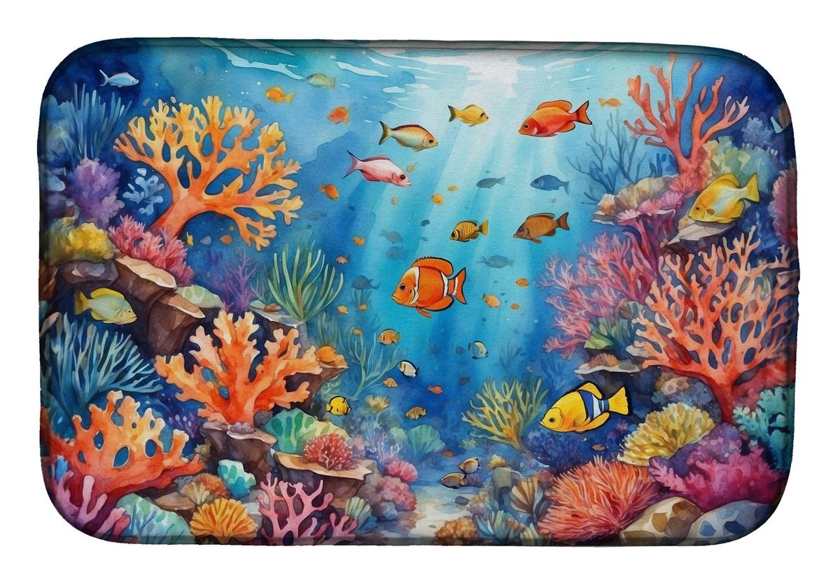 Coral And Fish Dish Drying Mat Absorbent Dish Drying Mat Pad For Kitchen Counter Dish Drainer Mat For Countertop, 14 X 21", Multicolor_maomaolike.com