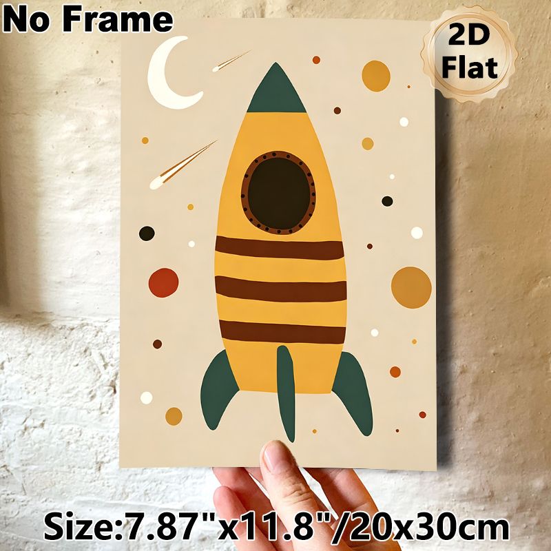 Space Rocket Painting Poster, Vintage Minimalist Warm-toned Rocket With Moon, Shooting Stars & Planets Poster, Whimsical Space-themed Decor, Ideal For_maomaolike.com