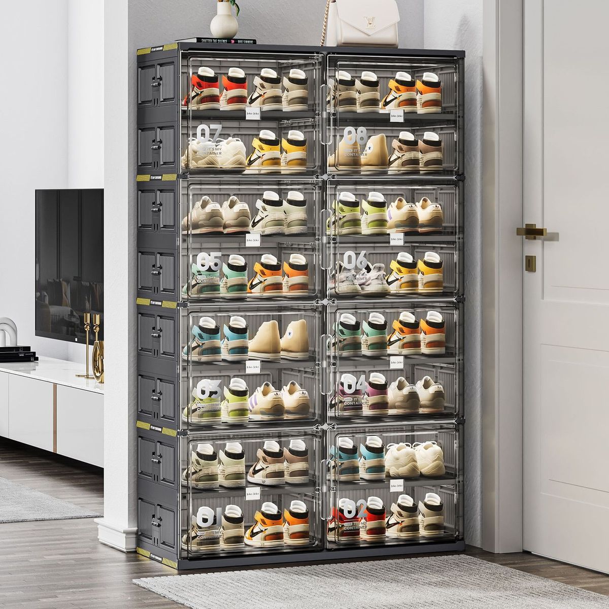 8 Tiers 32 Pairs Hard Plastic Shoe Storage Organizer Cabinet For Entryway, Large Stackable Collapsible Sneaker Shoe Box Organizer For Closet, Portable Folding Shoe Cabinet With Doors, Black_maomaolike.com