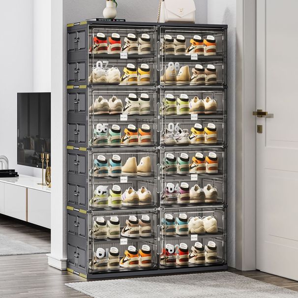 8 Tiers 32 Pairs Hard Plastic Shoe Storage Organizer Cabinet For Entryway, Large Stackable Collapsible Sneaker Shoe Box Organizer For Closet, Portable Folding Shoe Cabinet With Doors, Black_maomaolike.com