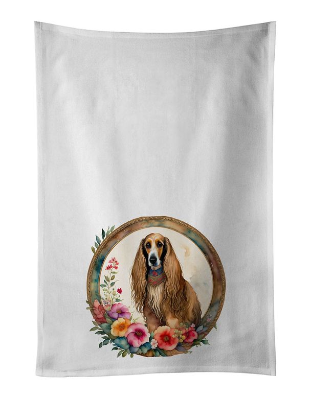 Afghan Hound And Flowers Kitchen Towel Set Of 2 White Dish Towels Decorative Bathroom Hand Towel For Hand, Face, Hair, Yoga, Tea, Dishcloth, 19 X 28", White_maomaolike.com