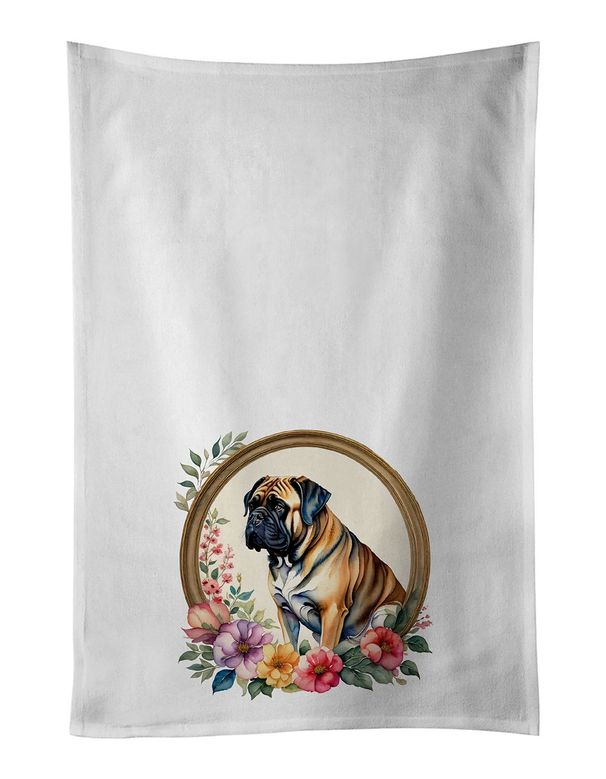Mastiff And Flowers Kitchen Towel Set Of 2 White Dish Towels Decorative Bathroom Hand Towel For Hand, Face, Hair, Yoga, Tea, Dishcloth, 19 X 28", White_maomaolike.com