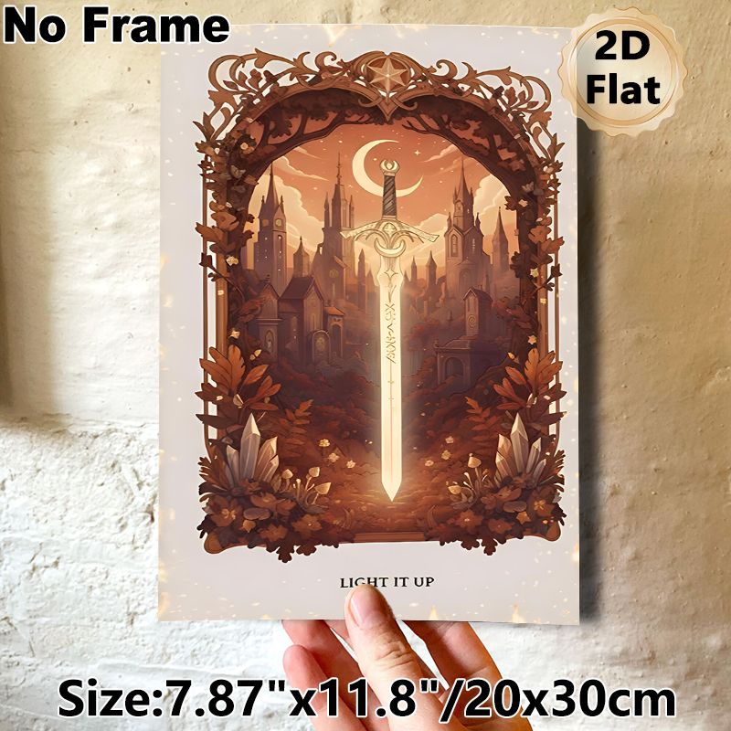 Magic Sword & Vintage Castle Painting Poster, Warm-toned Whimsical Fantasy Scene Poster, Enchanting Mystical Decor For Bedroom, Study And_maomaolike.com