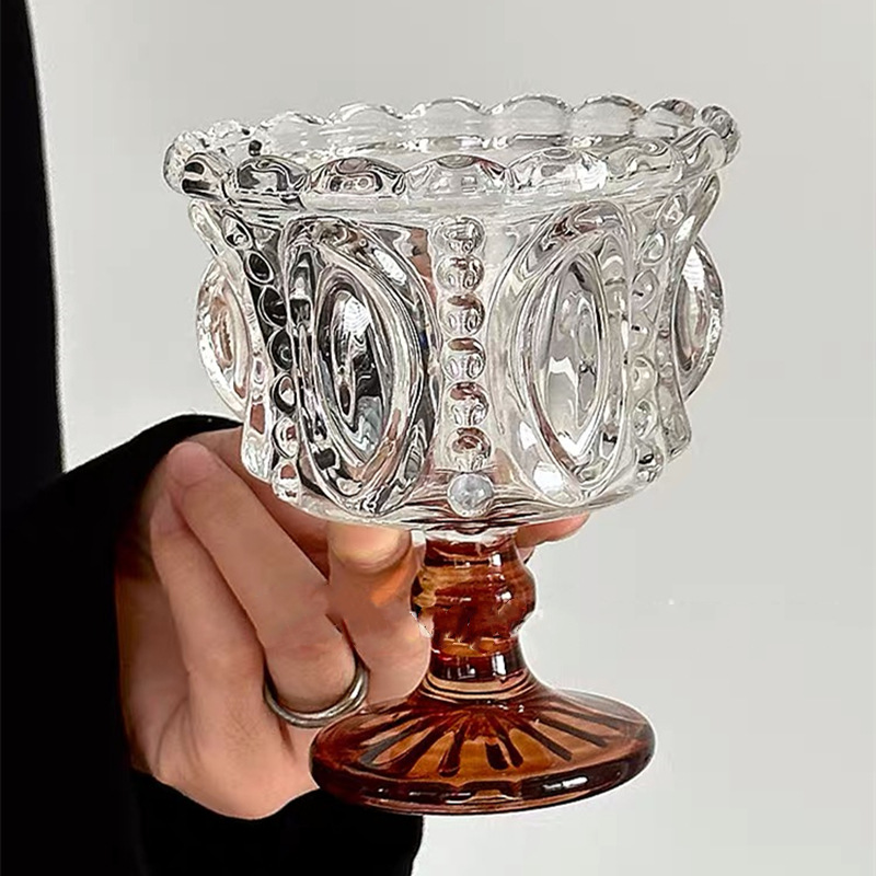 Brown Retro Crystal Ice Cream Cup Ins Style High Aesthetic Relief Dessert Cup Glass High Footed Cup Ice Cream Cup_maomaolike.com