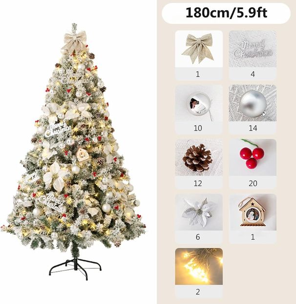 6FT/7FT Artificial Falling Snow Christmas Tree White Flocking With Plastic Silver Ball Bouquet LED Light Decoration & Metal Stand For Indoor Or Outdoor Use_maomaolike.com