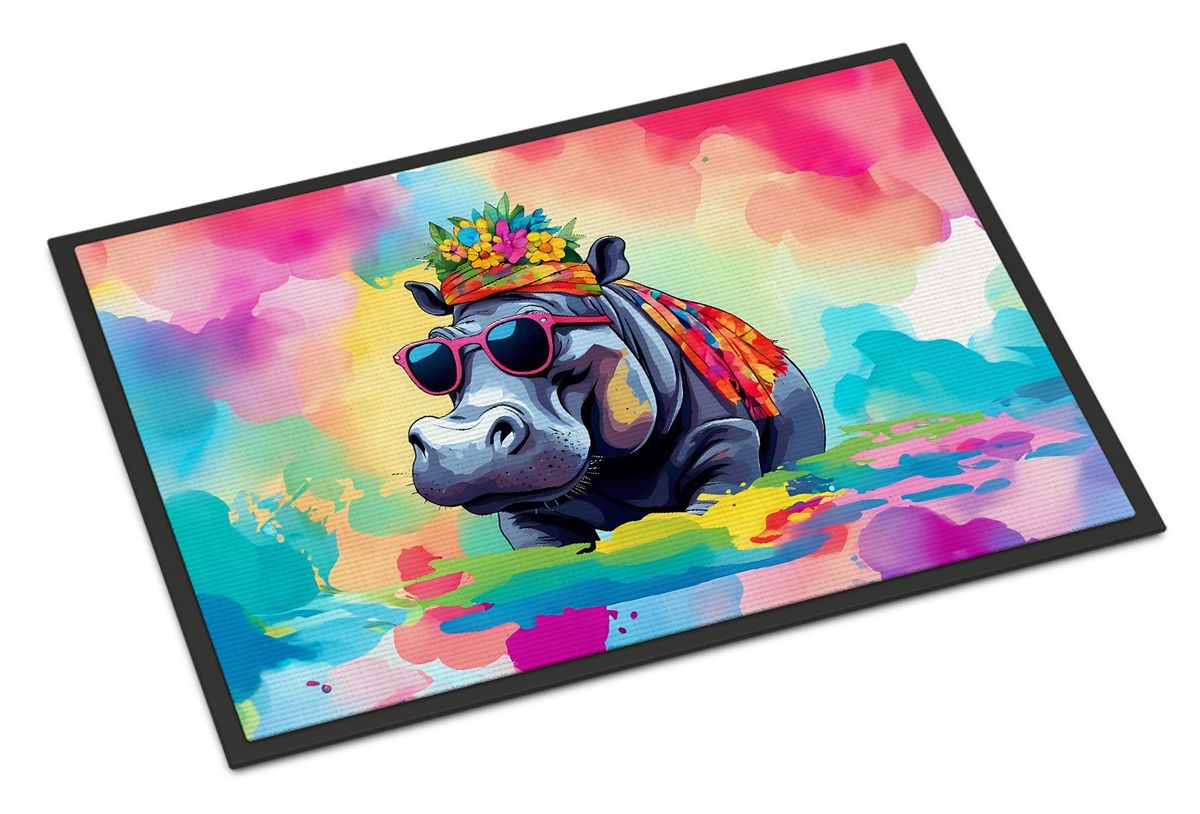 Hippie Animal Hippopotamus Doormat Front Door Mat Indoor Outdoor Rugs For Entryway, Non Slip Washable Low Pile, 24H X 36W_maomaolike.com