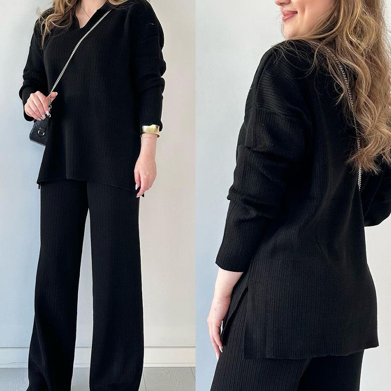 Women's Clothing autumn new solid color fashion lapel loose casual sweater two piece set for women_maomaolike.com