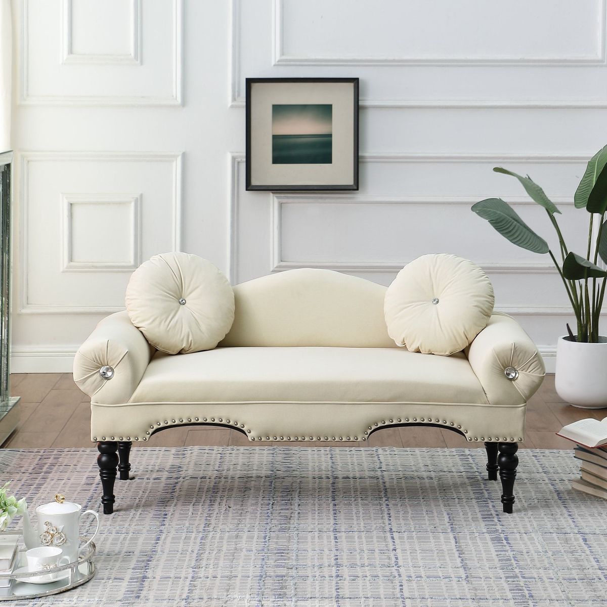 54"Width Modern Velvet Upholstered Loveseat Sofa Accent Bedside Entryway Bench Small Sofa 2 Seater Couch Settee For Living Room Bedroom Nail Head Trimming With Wood Legs 2 Pillows,Beige_maomaolike.com