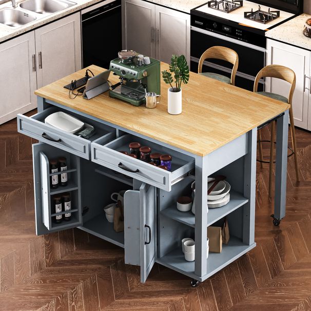 K&K 47 Inch Kitchen Island With Extendable Dining Table, Rubber Wood Veneer Kitchen Table With Internal Storage Rack, Power Outlet, Kitchen Island With Storage 2 Drawers 2 Cabinet,Grey Blue_maomaolike.com