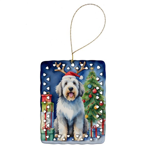 Old English Sheepdog Christmas Reindeer Porcelain Ornament Christmas Tree Hanging Decorations For Home Christmas Holiday, Rectangle, Gift, Multicolor_maomaolike.com