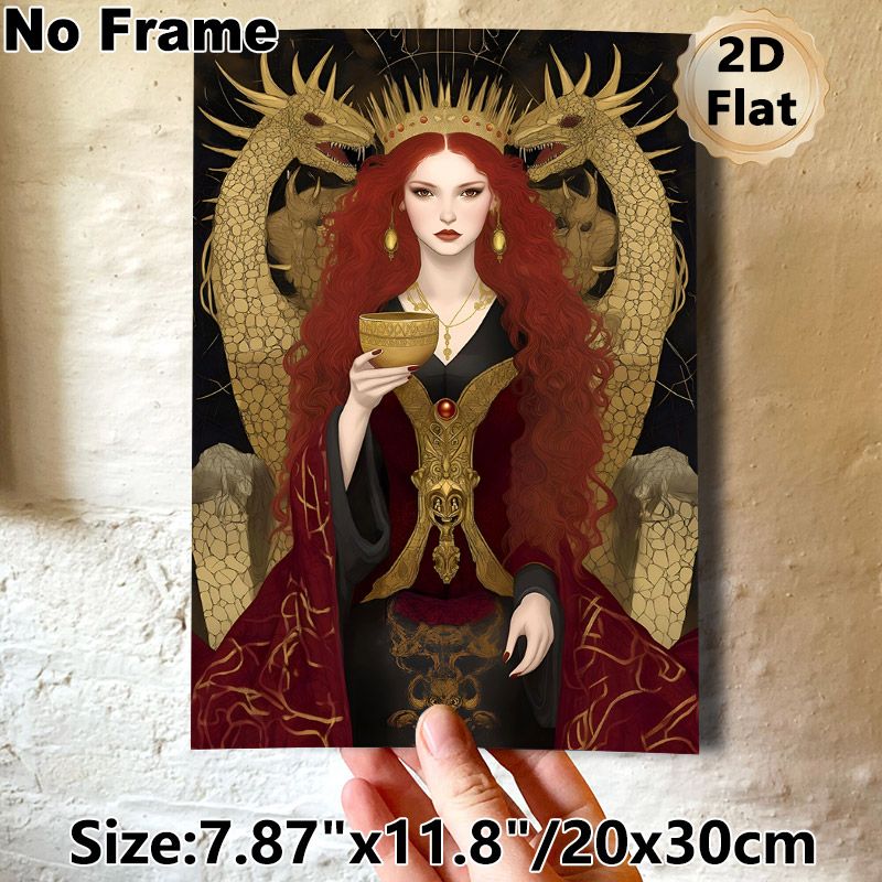 Dark Fantasy Queen & Dragon Painting Poster, Luxurious Gothic Style Poster, Mysterious Ornate Design With Red-haired Queen Holding Golden Cup, Ideal_maomaolike.com
