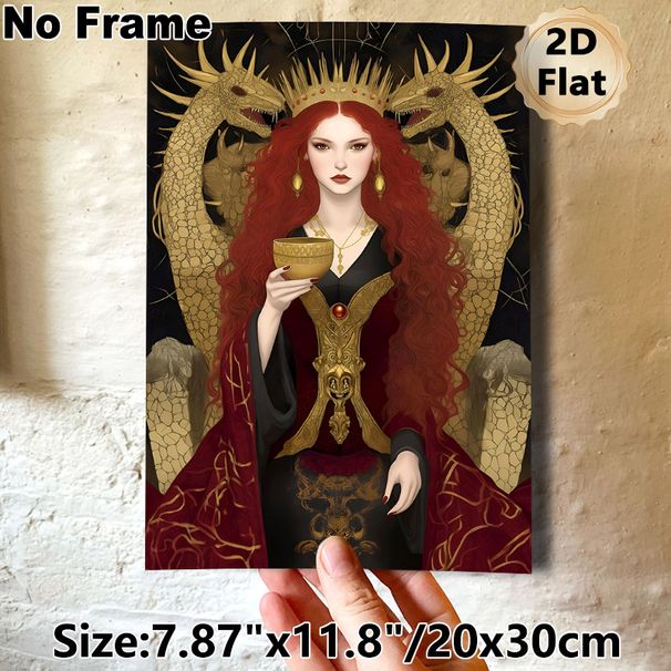 Dark Fantasy Queen & Dragon Painting Poster, Luxurious Gothic Style Poster, Mysterious Ornate Design With Red-haired Queen Holding Golden Cup, Ideal_maomaolike.com