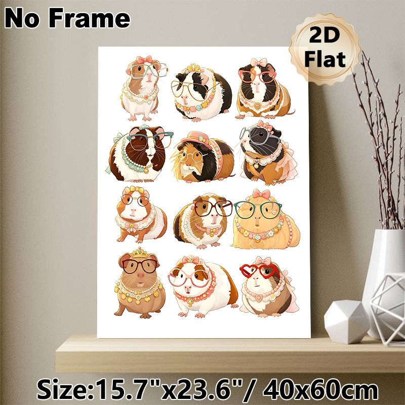 Guinea Pig Themed Painting Poster, Cute Cartoon Stylish Guinea Pigs With Glasses & Ornaments Poster, Lovely Decorative Artwork Suitable For Bedroom_maomaolike.com