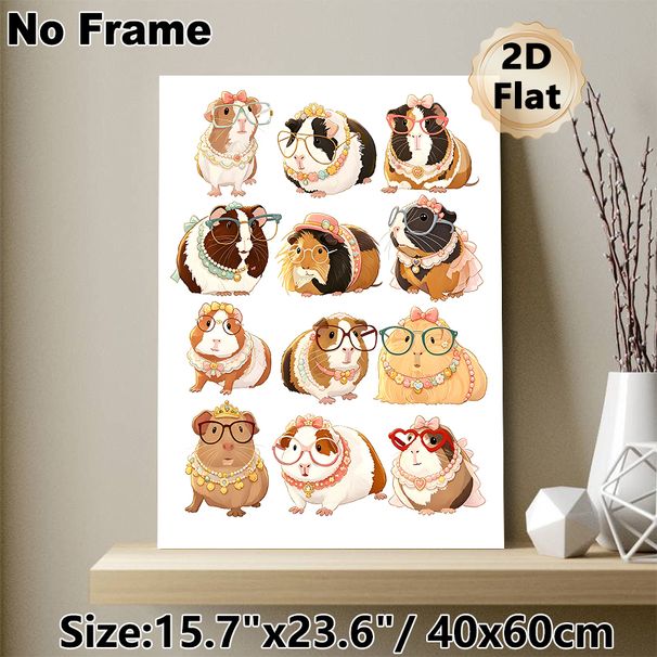 Guinea Pig Themed Painting Poster, Cute Cartoon Stylish Guinea Pigs With Glasses & Ornaments Poster, Lovely Decorative Artwork Suitable For Bedroom_maomaolike.com