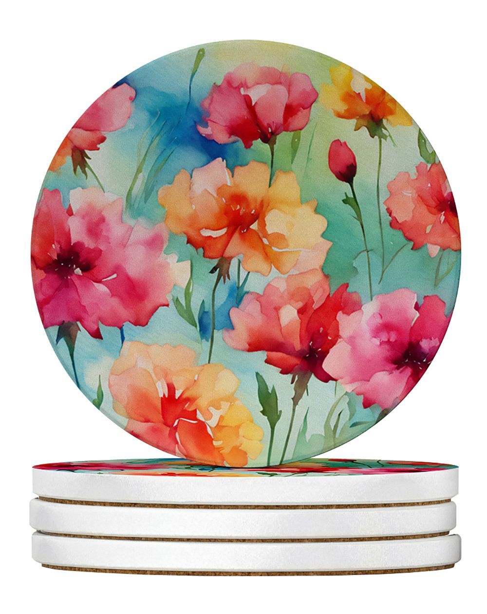 Carnations In Watercolor Large Sandstone Coasters Pack Of 4 Absorbent Round Coasters Decor Gifts For Men Or Women, 4 In, Multicolor_maomaolike.com
