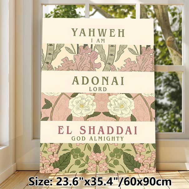 Religious Names Of God Painting Poster, Vintage Soft-toned Botanical Patterned Poster, Serene Faith-inspired Decor Ideal For Living Room, Prayer Area_maomaolike.com