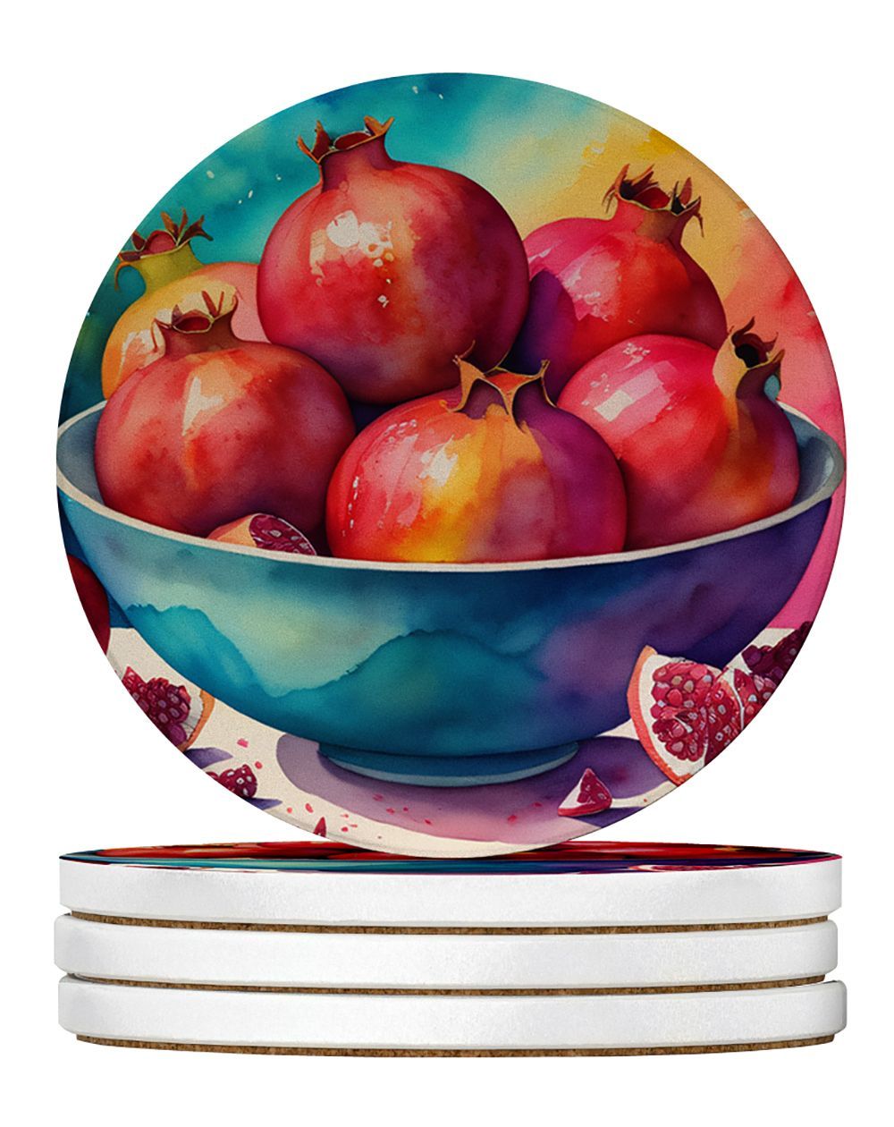 Colorful Pomegranates Large Sandstone Coasters Pack Of 4 Absorbent Round Coasters Decor Gifts For Men Or Women, 4 In, Multicolor_maomaolike.com