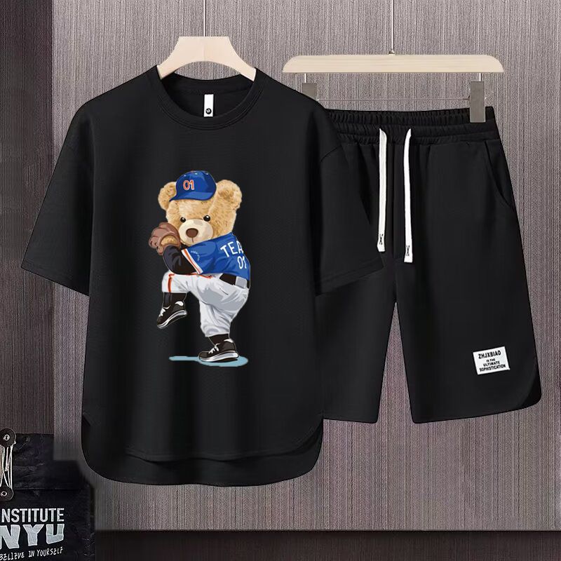 Men's Clothing 2024 Waffle Casual Summer Suit Men's Loose Teen Short sleeved T shirt Shorts Handsome Two piece Suit_maomaolike.com