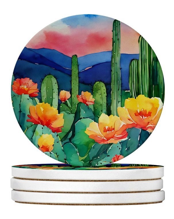 Arizona Saguaro Cactus Blossom In Watercolor Large Sandstone Coasters Pack Of 4 Absorbent Round Coasters Decor Gifts For Men Or Women, 4 In, Multicolor_maomaolike.com