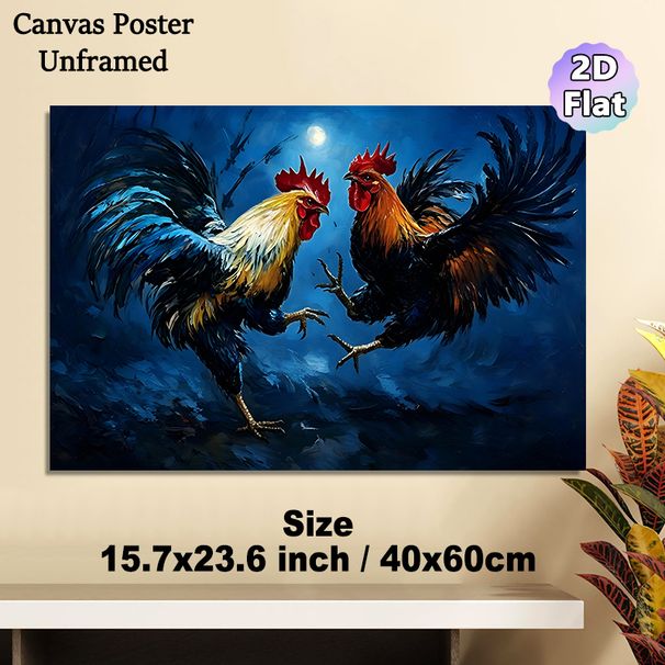 Rooster Fighting Painting Poster, Bold Impasto-style Confronting Roosters Under Moonlight Poster, Striking Artistic Decor Suitable For Living Room_maomaolike.com