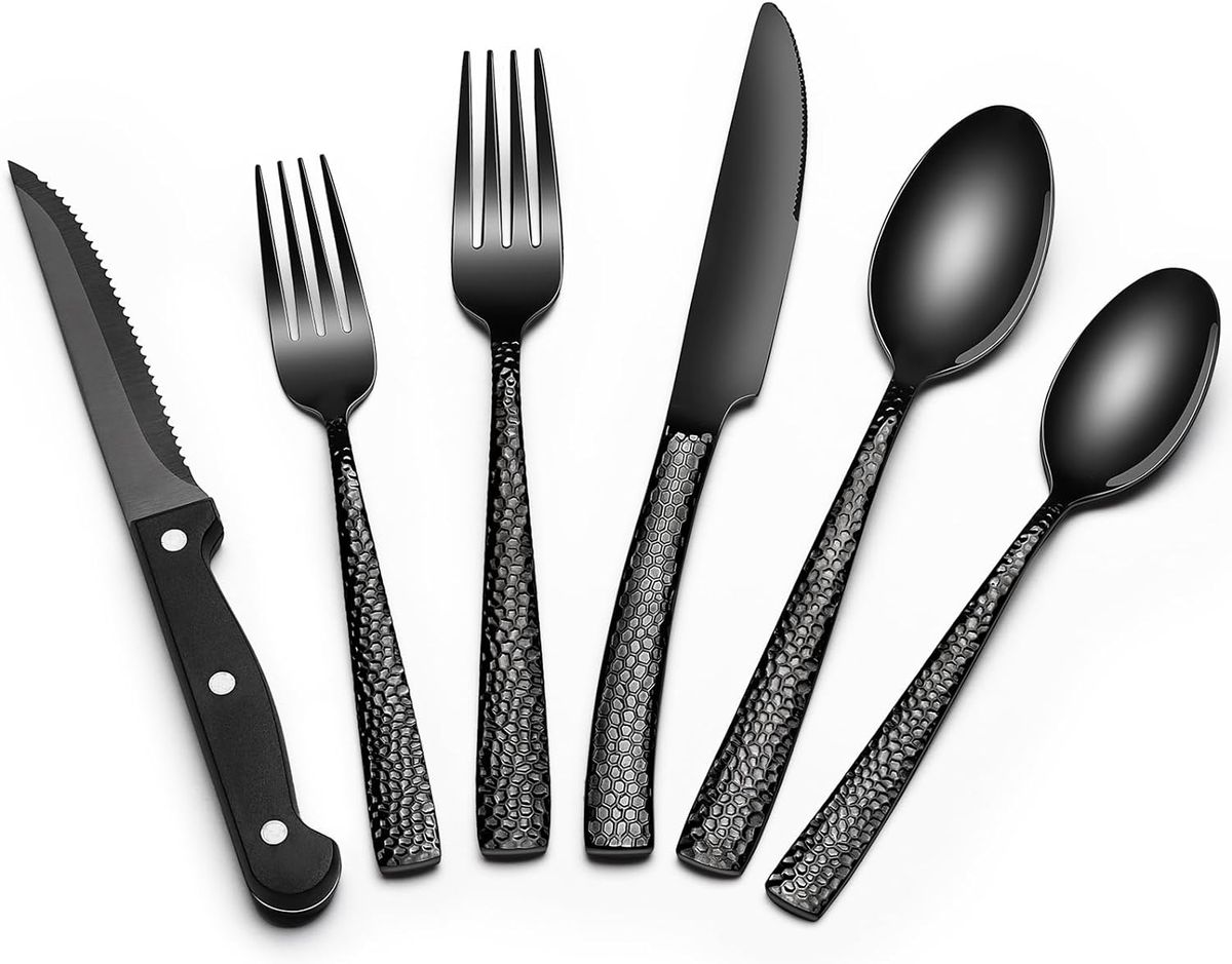 24-Piece Black Silverware Set with Steak Knives, Black Flatware Set for 4, Food-Grade Stainless Steel Tableware Cutlery Set,_maomaolike.com