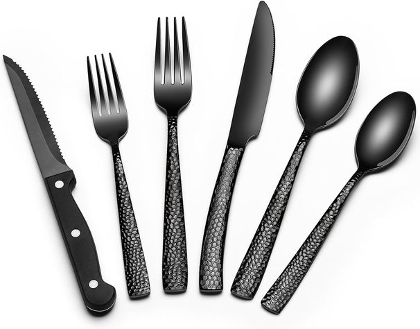 24-Piece Black Silverware Set with Steak Knives, Black Flatware Set for 4, Food-Grade Stainless Steel Tableware Cutlery Set,_maomaolike.com