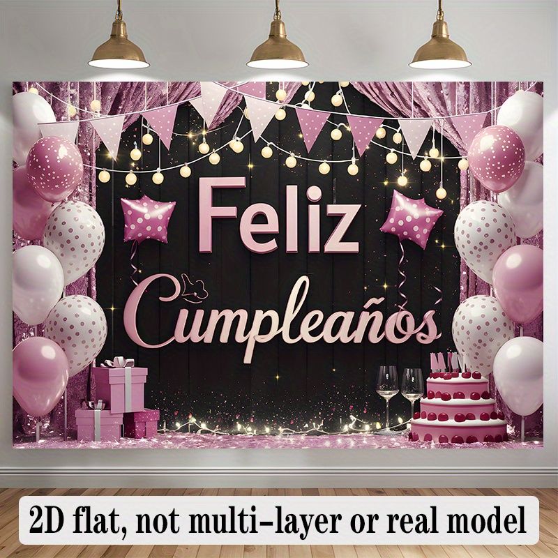 Spanish Happy Birthday Party Banner - Feliz Cumpleaños Design, Pink Black Polyester Backdrop, Balloons Gifts, Photo Props, Party Decor_maomaolike.com