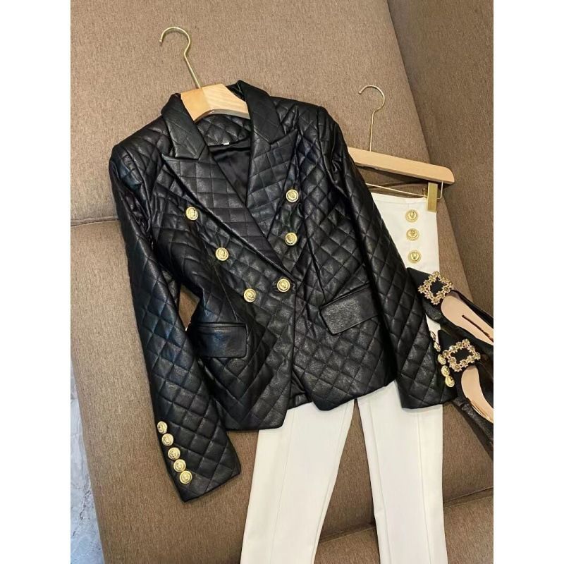 Women's Clothing Black short shoulder pads small casual suit leather jacket suit jacket female pu leather jacket female jacket _maomaolike.com