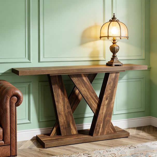 Console Table, Farmhouse Entryway Table With Geometric Base_maomaolike.com
