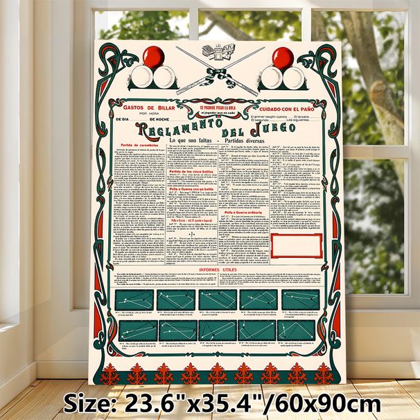 Billiards Rules Painting Poster, Vintage Ornate Detailed Billiard Game Regulation Poster, Informative Classic Design Ideal For Game Rooms And Billiard_maomaolike.com