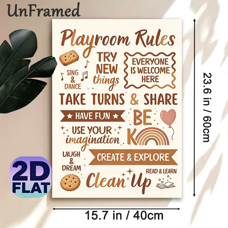 Playroom Rules Painting Poster, Warm-toned Whimsical Typographic Art Poster, Offers Friendly Play Behavior Guidelines, Ideal For Play Areas_maomaolike.com