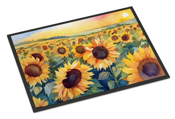 Kansas Sunflowers In Watercolor Doormat Front Door Mat Indoor Outdoor Rugs For Entryway, Non Slip Washable Low Pile, 24H X 36W_maomaolike.com
