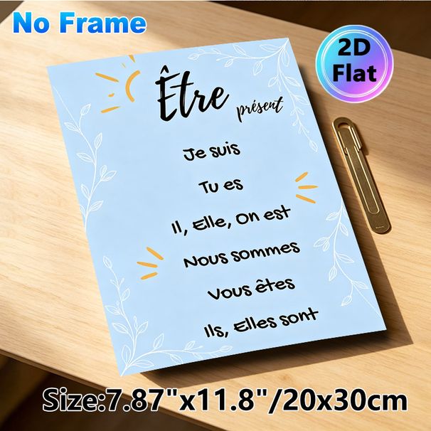 French Être Verb Conjugation Painting Poster, Soft Pastel Style Poster, Gentle Blue Design With Foliage & Sun Accents, Supports French Language_maomaolike.com