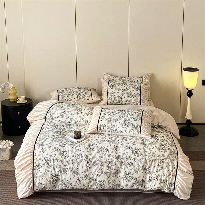 New French Retro Printed Ruched Lace Washed Brushed Four-Piece Small Floral Student Dormitory Three-Piece Bed Set_maomaolike.com