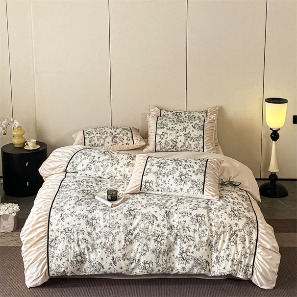 New French Retro Printed Ruched Lace Washed Brushed Four-Piece Small Floral Student Dormitory Three-Piece Bed Set_maomaolike.com