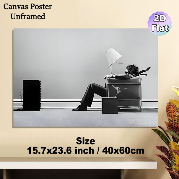 Surreal Fatigued Businessman Painting Poster, Monochrome Surreal Visual Illusion Scene Poster, Unique Artistic Decor With Playful Concept, Suitable_maomaolike.com