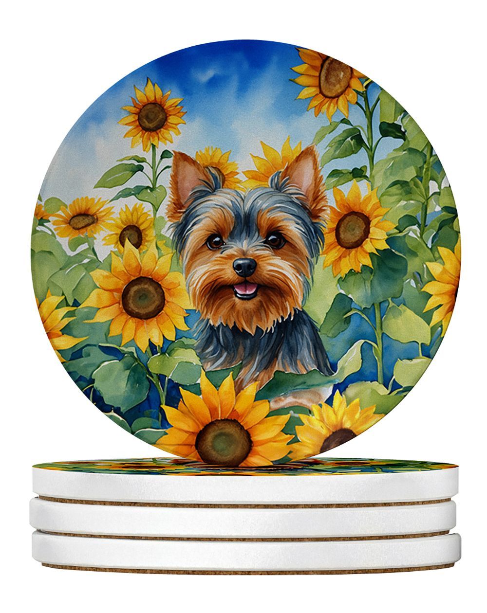 Yorkshire Terrier In Sunflowers Large Sandstone Coasters Pack Of 4 Absorbent Round Coasters Decor Gifts For Men Or Women, 4 In, Multicolor_maomaolike.com